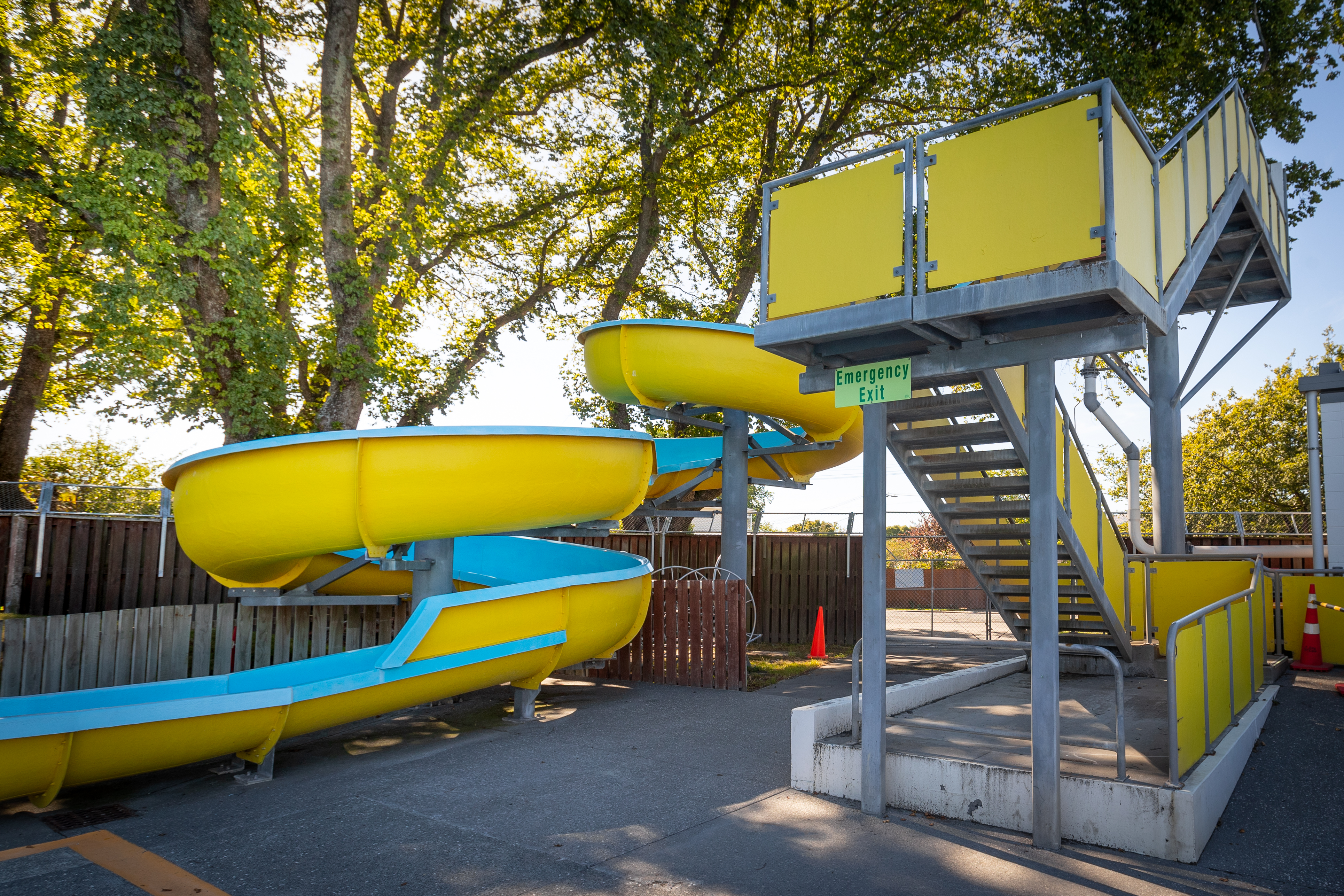 The yellow and blue hydroslide at Waltham Summer pool. 