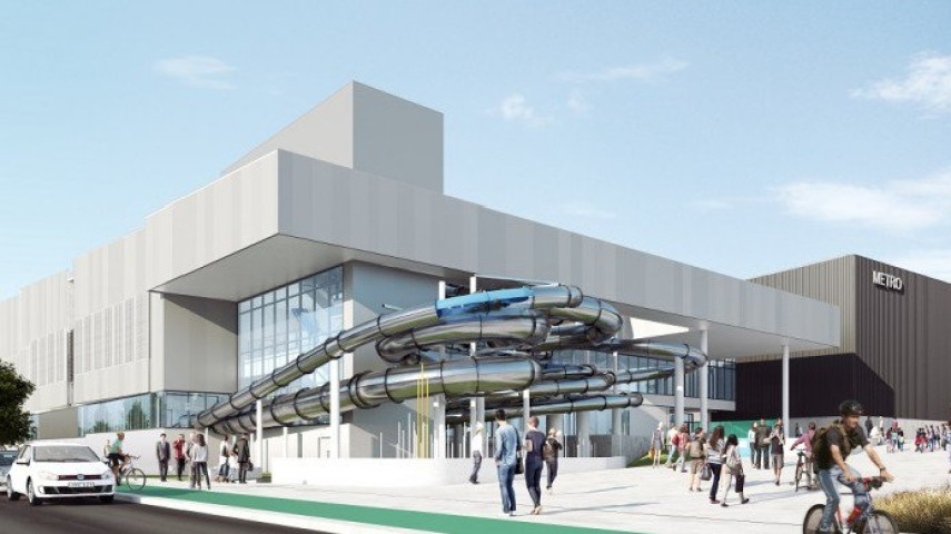 An artistic rendition of the outside of the Parakiore Rec Centre that includes a large white building with an outdoor hydro-slide, pedestrians on the footpath and cars driving past. 