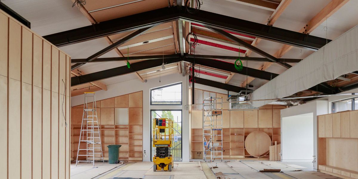 The inside exposed rafters and walls of Matatiki Recreation and Sport centre during construction.