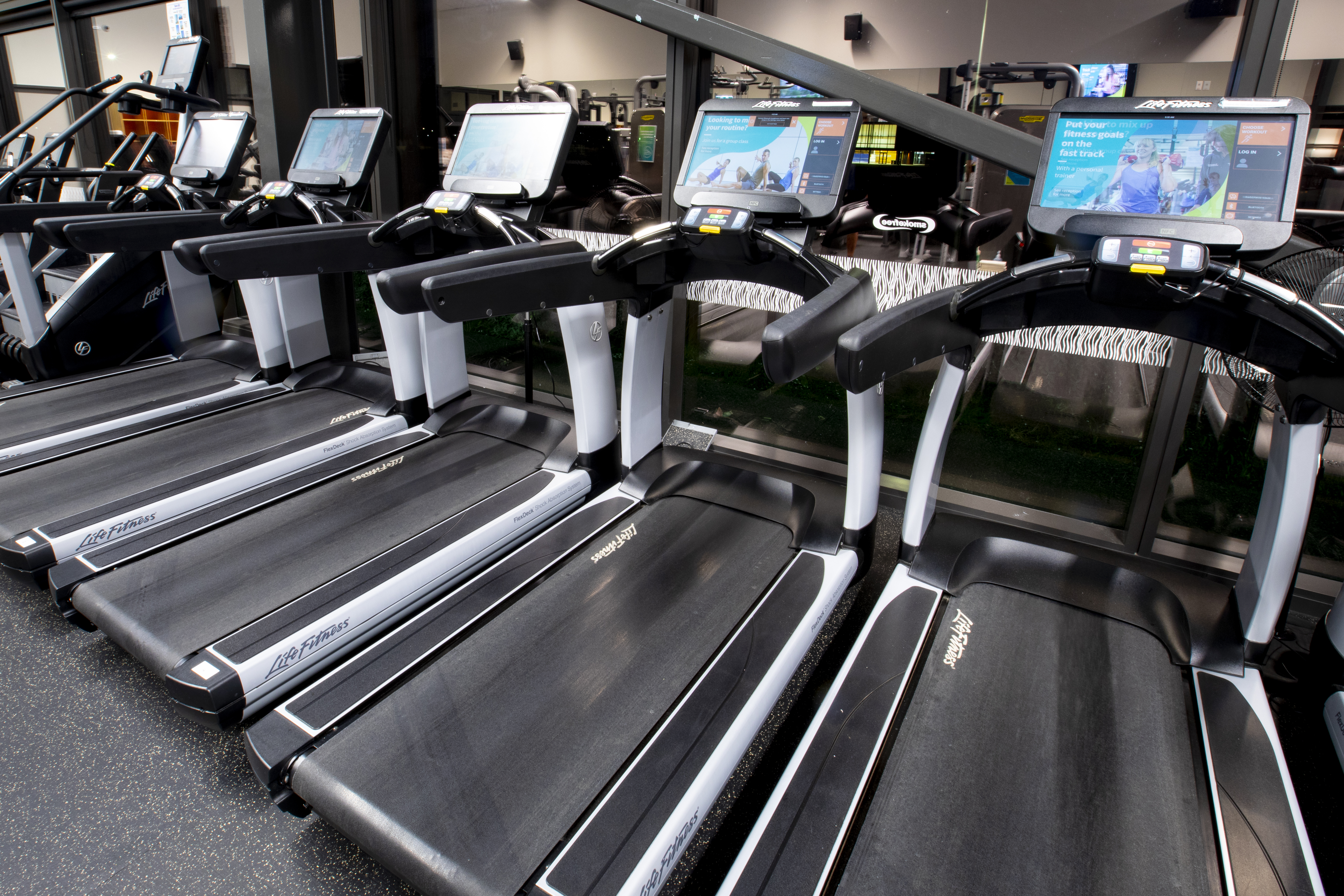 A line of treadmills at Taiora QEII Recreation and Sport centre. 
