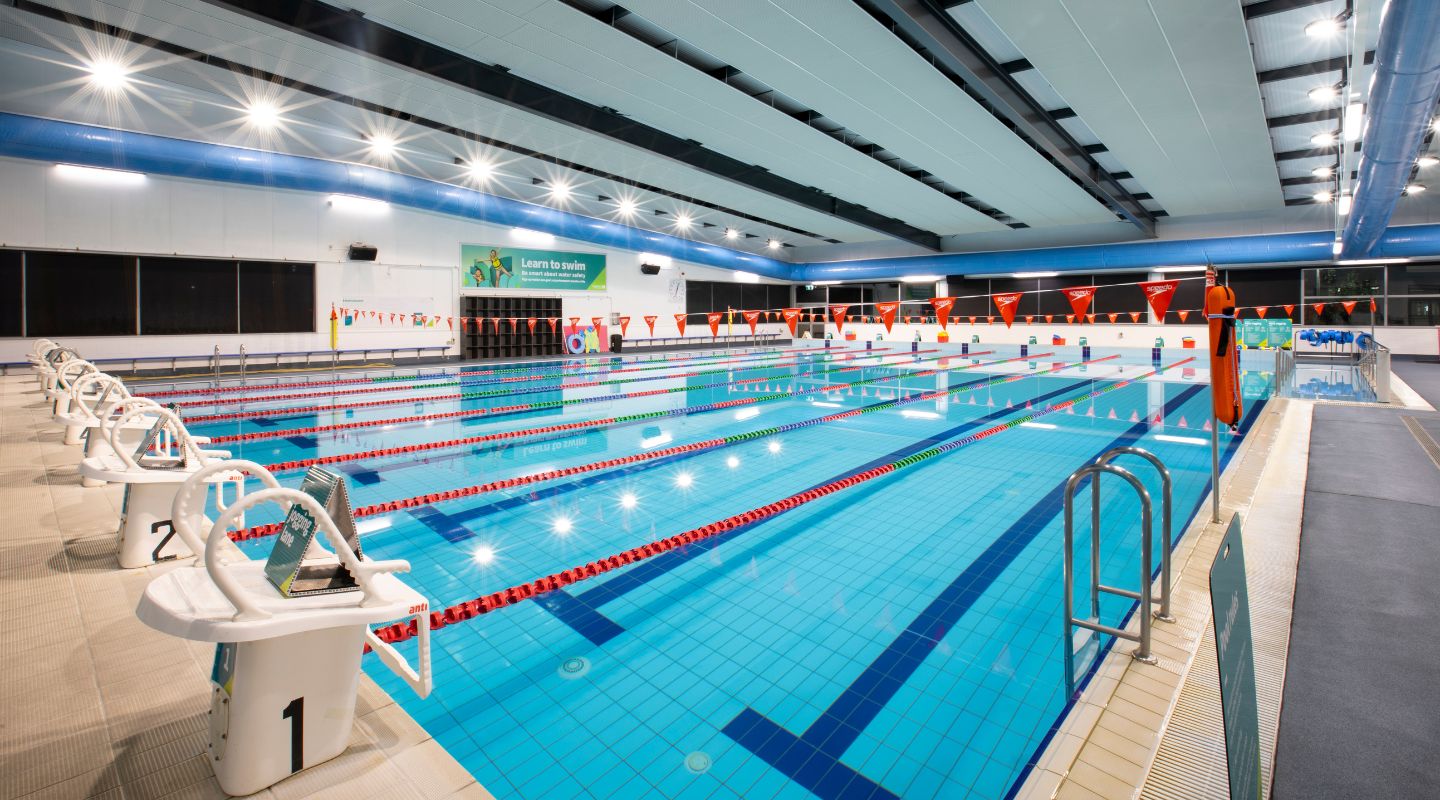 The lane pool with diving boards of Graham Condon Recreation Centre. 