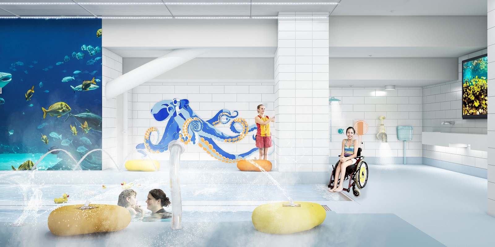 A concept design render of the toddler and accessibility pool at Parakiore Recreation and Sport Centre. 