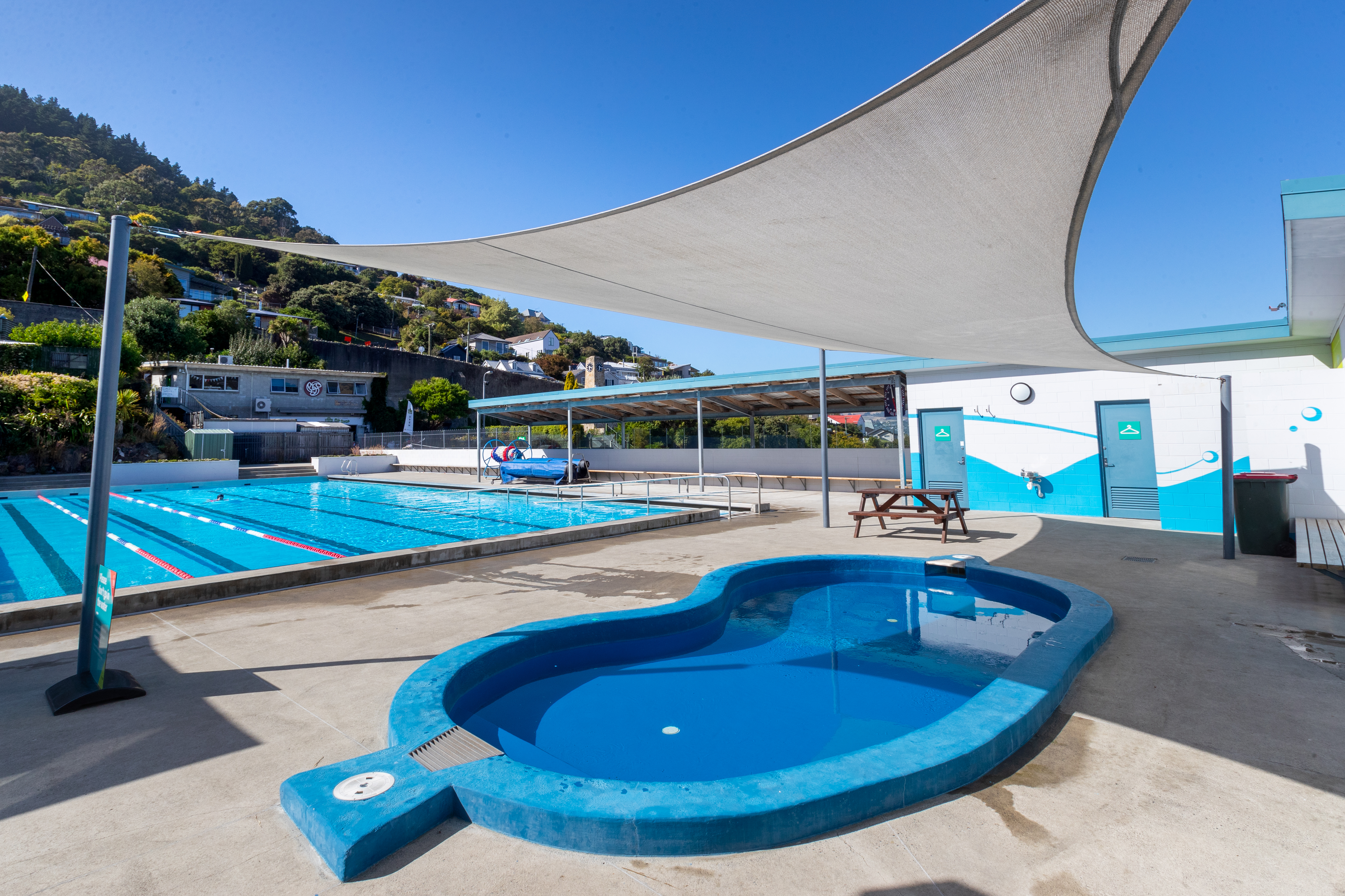 The Norman Kirk summer pool overlooking the Lyttleton Port Hills.  