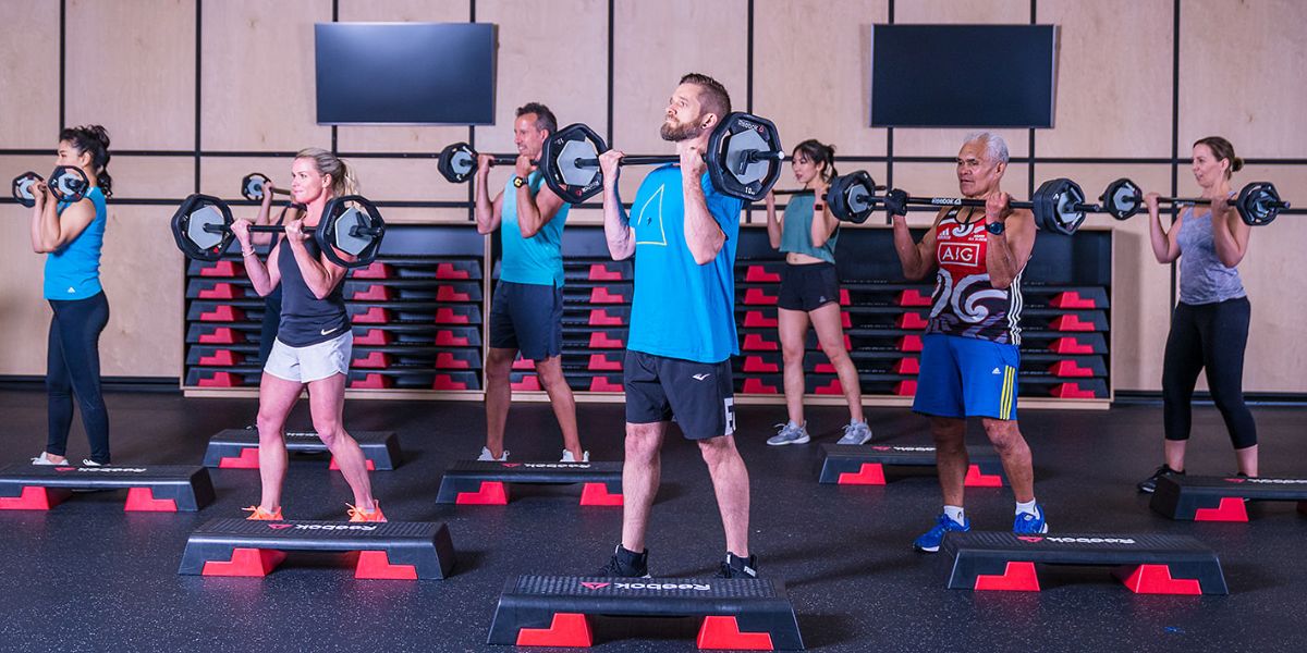 A group of men and women participating in a Group Fitness class at Christchurch Recreation and Sport.